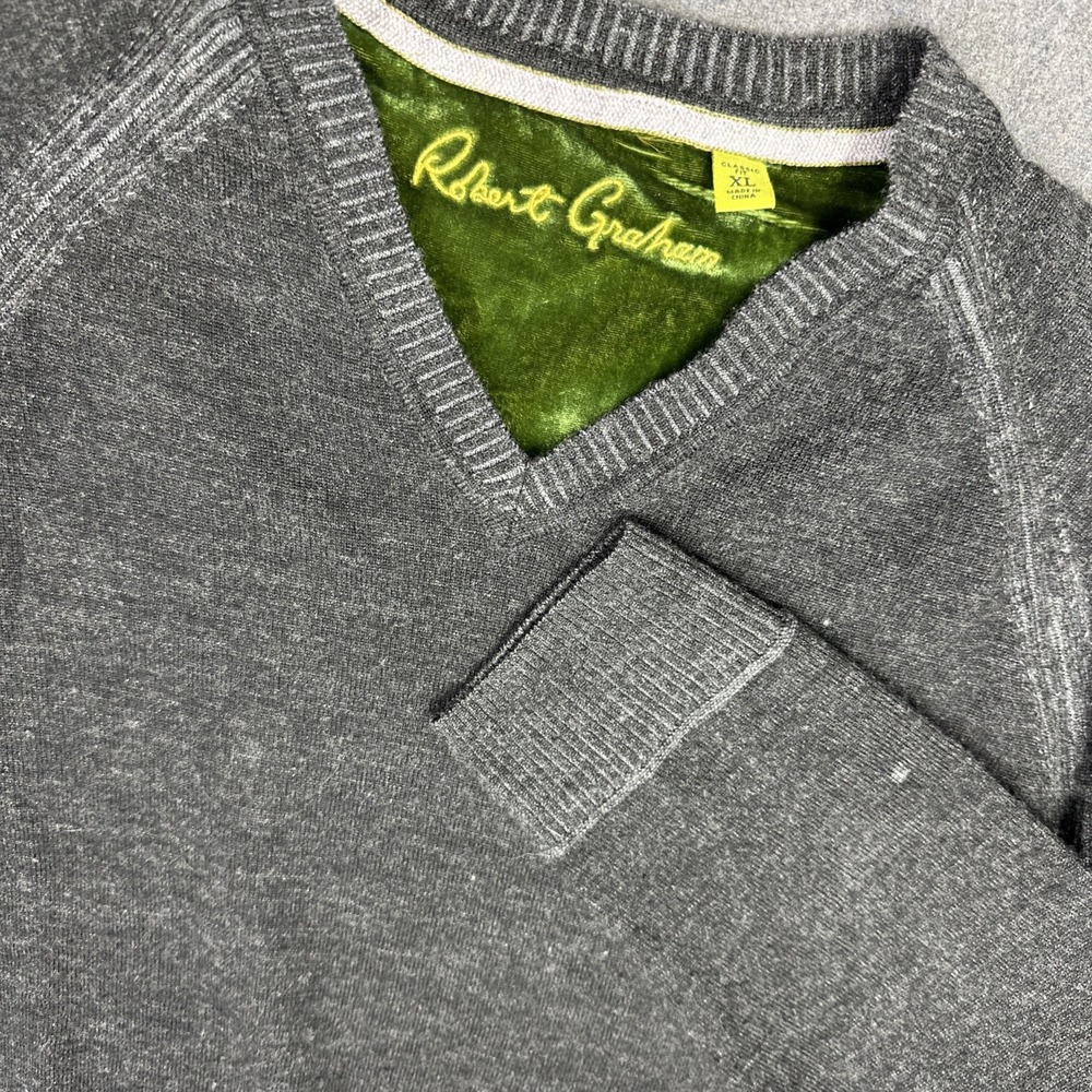 Robert Graham‎ Sweater Men XL Grey Wool Cashmere Tight Knit V-Neck Long Sleeve